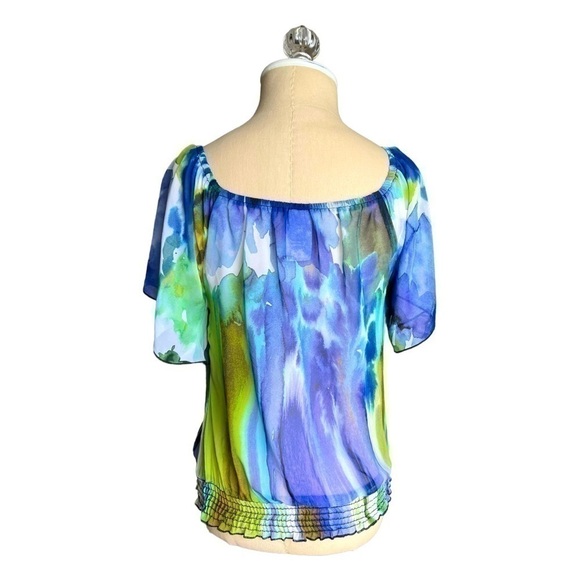 Wrapper Sheer Floral Blue & Green Watercolor Dreamy Flutter Sleeve Blouse XS - Picture 5 of 9